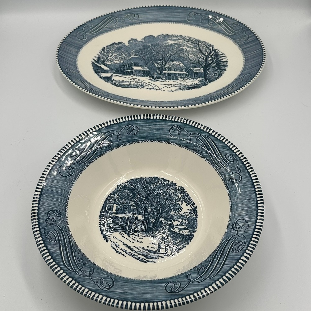 VTG Currier & Ives Serving Platter & Bowl Set Blue & White Winter Scene READ